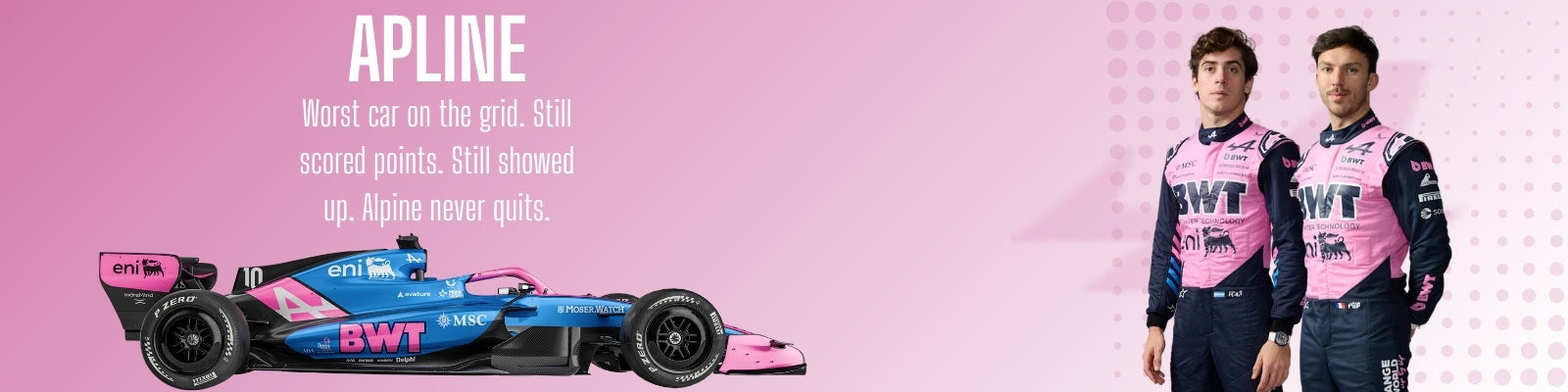 Two Alpine Formula 1 drivers in pink and blue racing suits standing next to a racing car on a pink background with text - GPX Wear