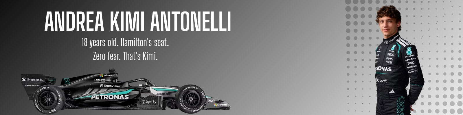 F1 Mercedes car and Andrea Kimi Antonelli in a racing suit with text on a gray background - GPX Wear