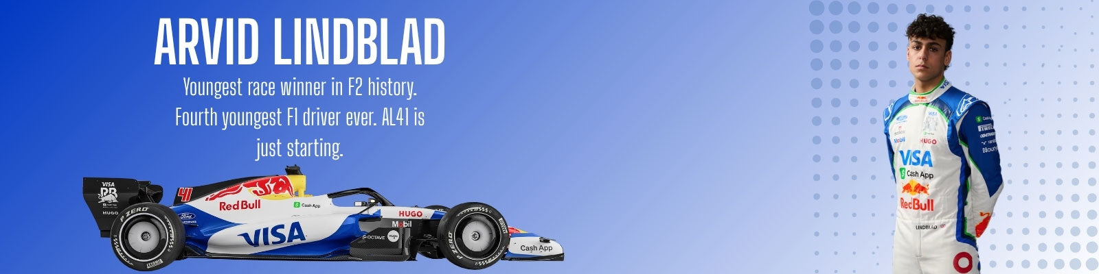 Formula 1 VCARB car and Arvid Lindblad in a racing suit with text about Arvid Lindblad on a blue gradient background - GPX Wear