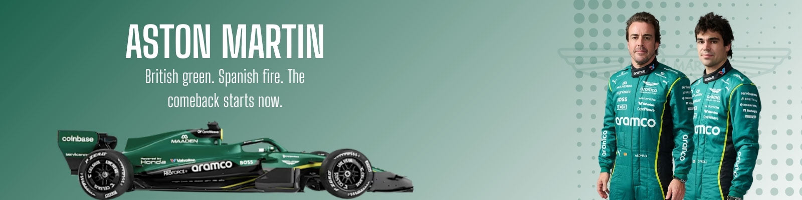 Aston Martin racing car with two drivers in green suits on a green background - GPX Wear
