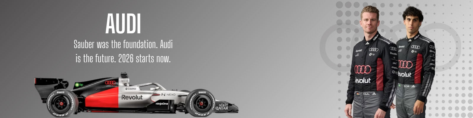 Audi racing car with two athletes in branded suits on a gray background - GPX Wear