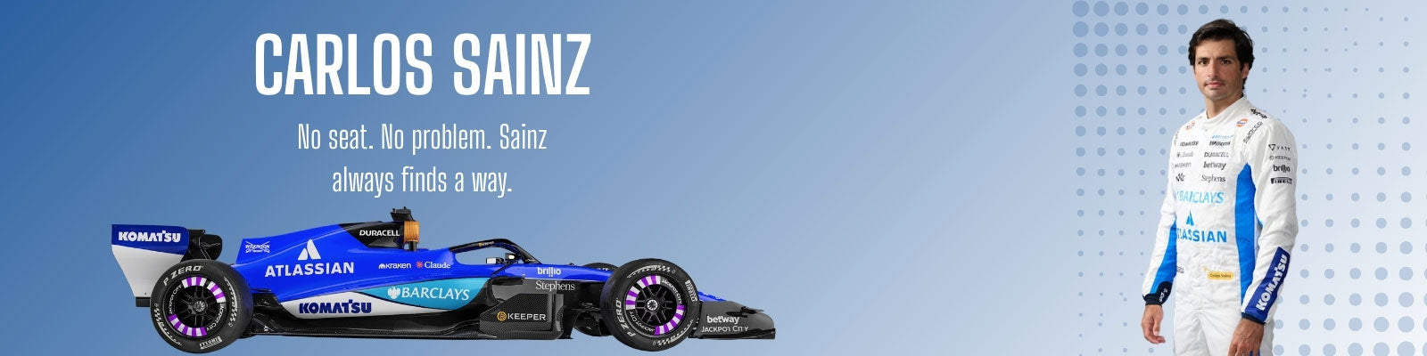 F1 Williams car and Carlos Sainz in a racing suit with 'Carlos Sainz' text on a blue and gray background - GPX Wear