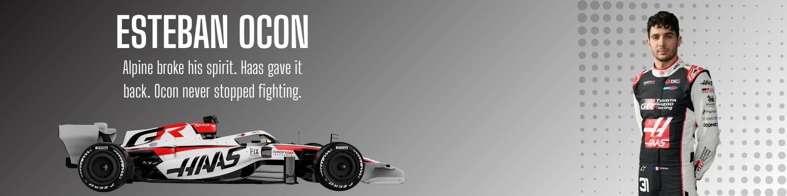 Formula 1 Haas car and Esteban Ocon in a racing suit with text about Esteban Ocon on a gray background - GPX Wear