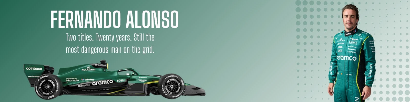 Fernando Alonso with a green Aston Martin racing car on a green background - GPX Wear