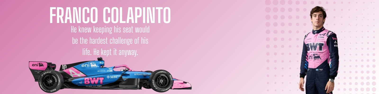 Formula 1 Alpine car and Franco Colapinto in racing gear on a pink background with text about Franco Colapinto - GPX Wear