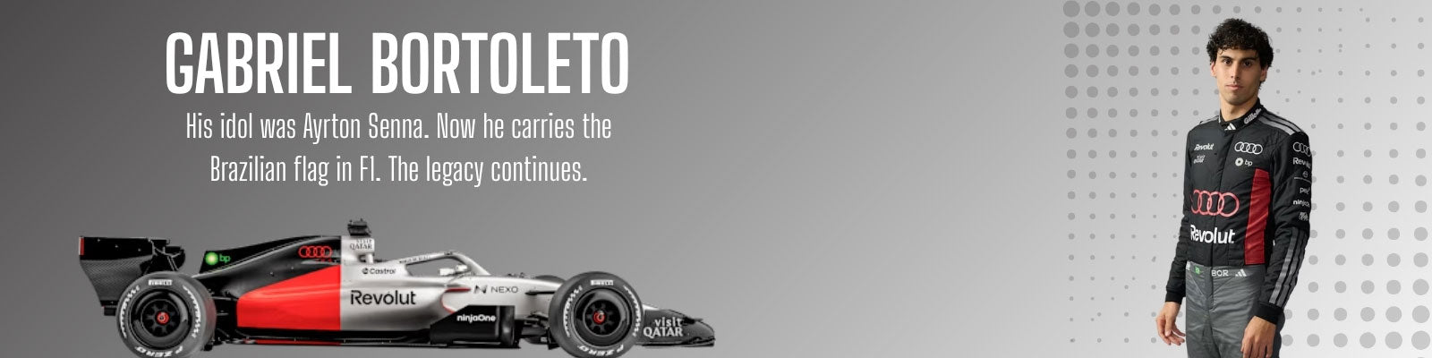 F1 driver Gabriel Bortoleto with a Audi racing car on a gray background - GPX Wear