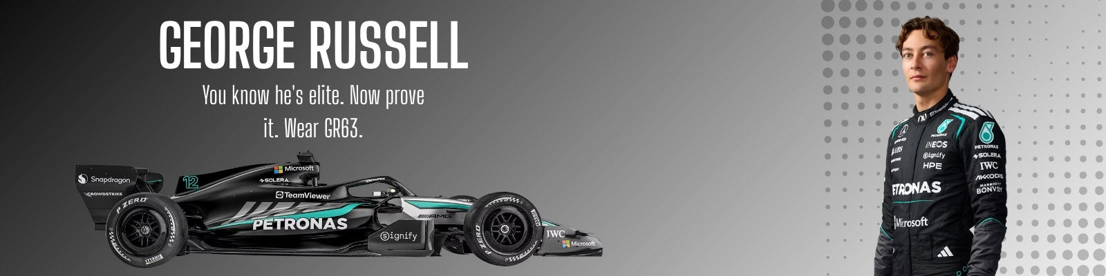 Formula 1 Mercedes car and George Russell wearing a racing suit with 'George Russell' branding - GPX Wear