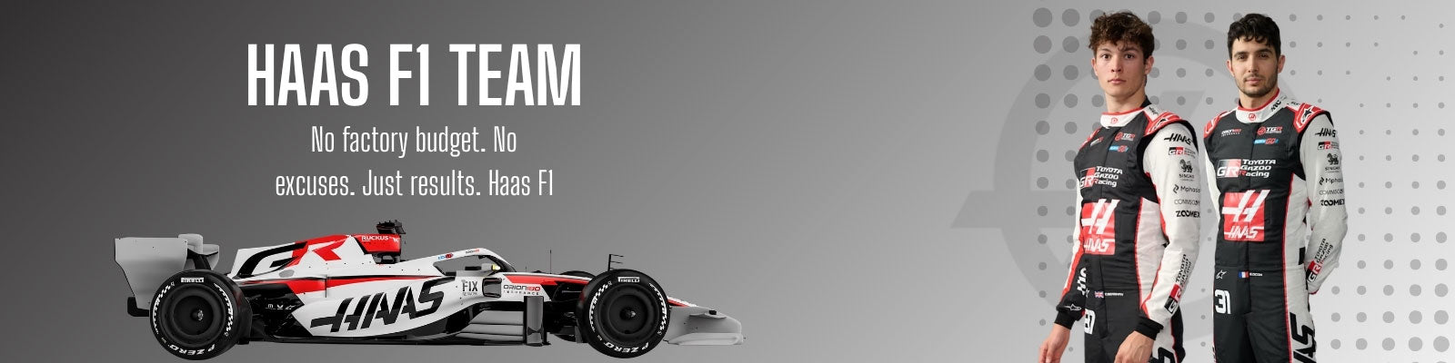 Two Formula 1 drivers in racing suits standing next to a Haas F1 car on a gray background with 'Haas F1 Team' branding - GPX Wear