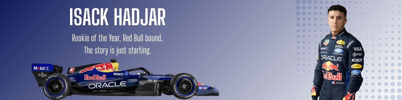 Isack Hadjar in a racing suit next to a redbull racing car with 'Oracle' branding on a blue background - GPX Wear