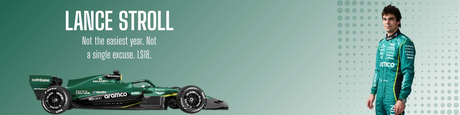 Lance Stroll in a green Aston Martin racing suit, standing next to a green Formula 1 car with text on a gradient background - GPX Wear