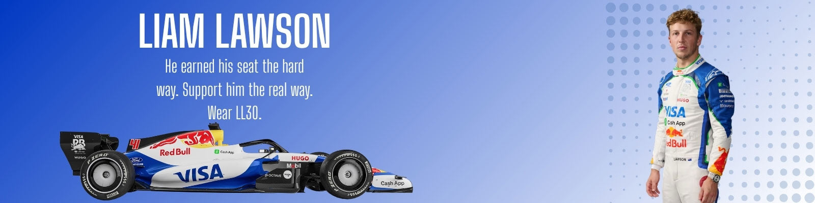 Formula 1 VCARB car and Liam Lawson in racing attire with promotional text on a blue background - GPX Wear