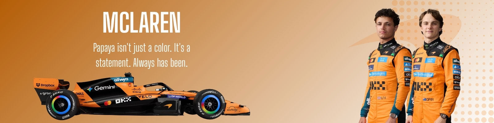 McLaren Formula 1 car and driver in orange racing suits on a gradient background - GPX Wear