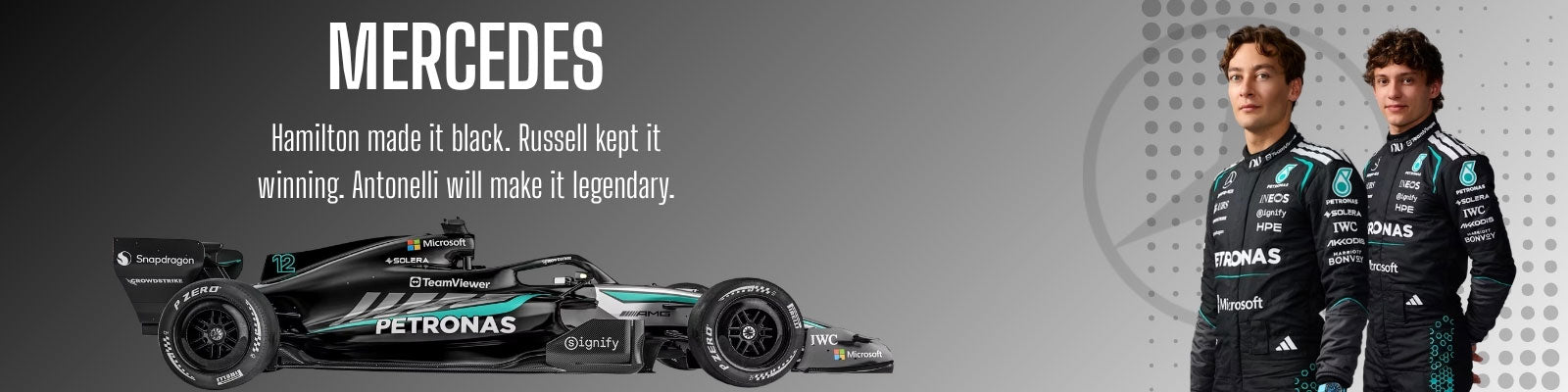 Mercedes Formula 1 car and two racing drivers in black and blue uniforms on a gray background - GPX Wear