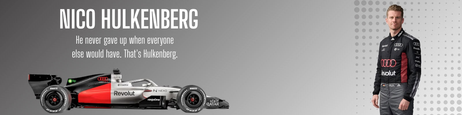 F1 Audi car and Nico Hulkenberg in a racing suit with text on a gray background - GPX Wear