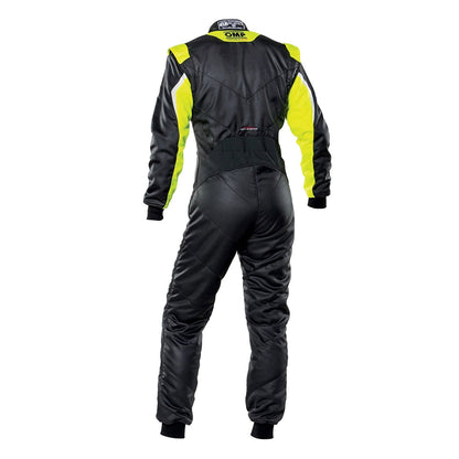 Back View of OMP Black Lime Yellow Tecnica Evo Racing Suit - GPX Wear