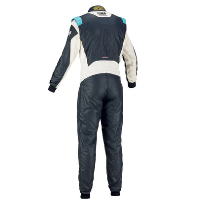 Back View of OMP Black White Light Blue Tecnica Evo Racing Suit - GPX Wear