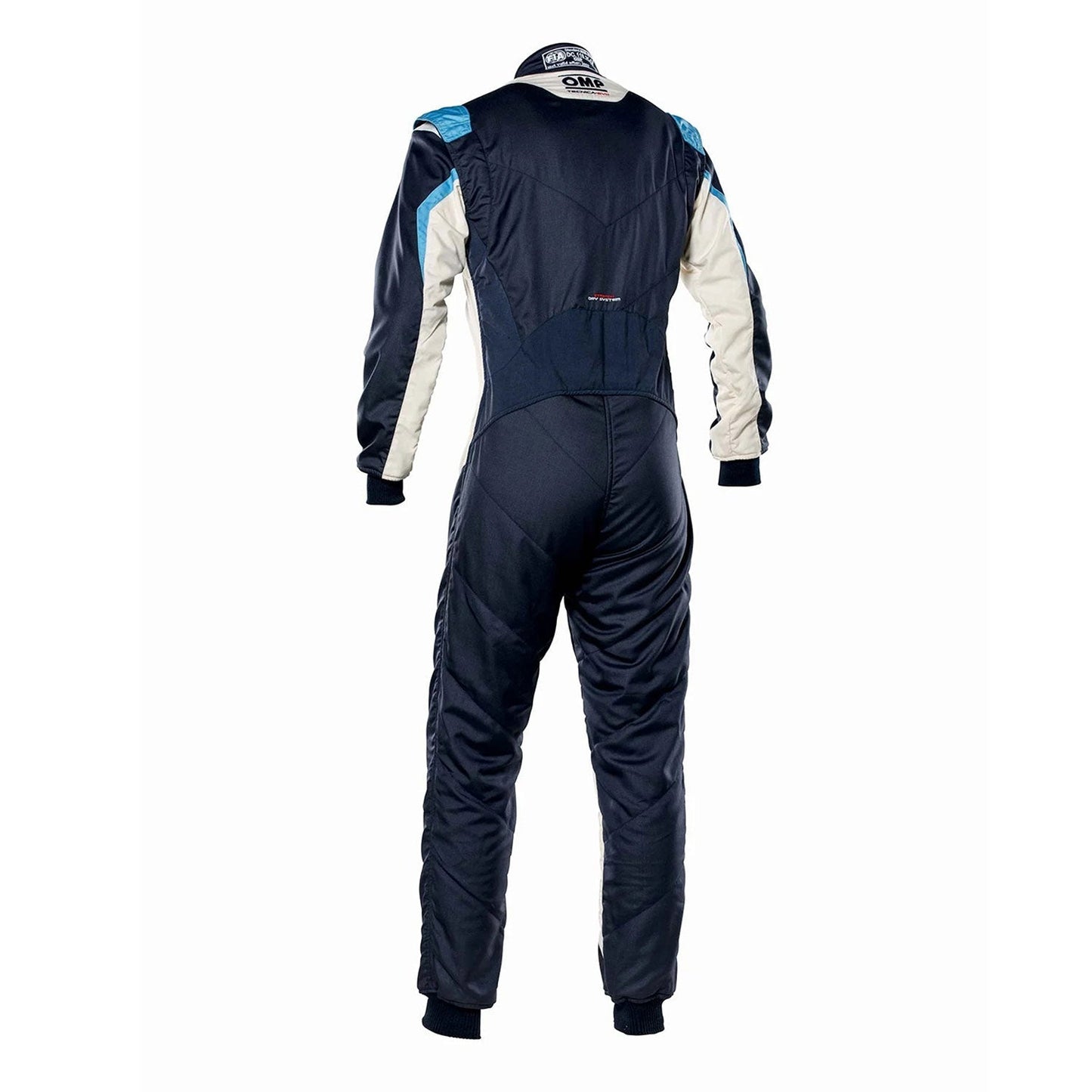 Back View of OMP Blue White Light Blue Tecnica Evo Racing Suit - GPX Wear