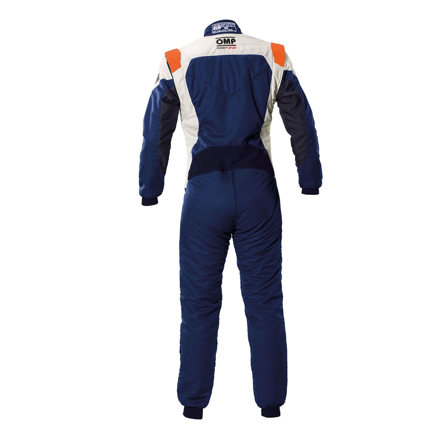 Back View of OMP Blue White Orange Tecnica Evo Racing Suit - GPX Wear