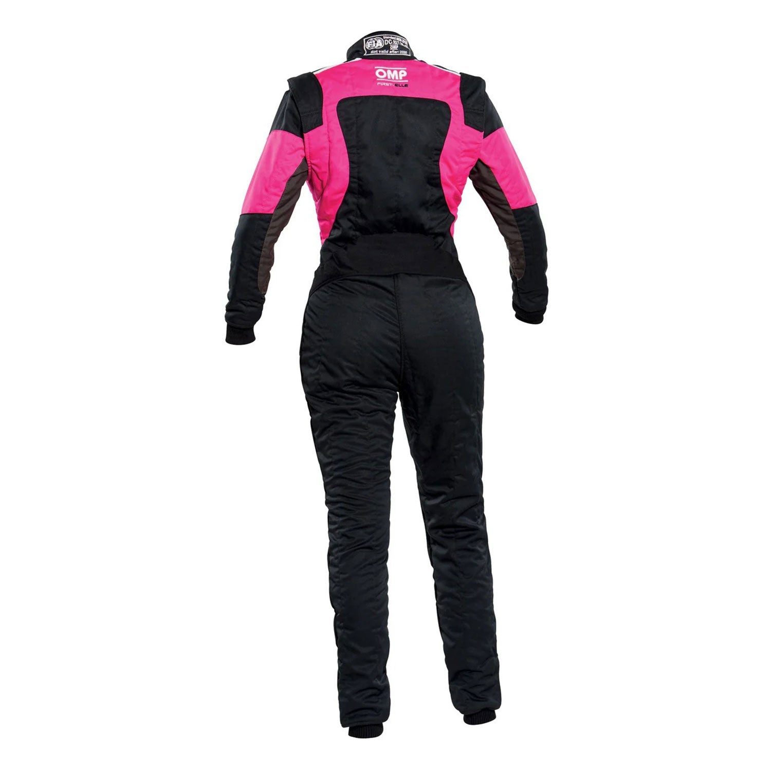 Back view of OMP FIRST ELLE Black/Pink Women's Go Kart Racing Suit - GPX Wear