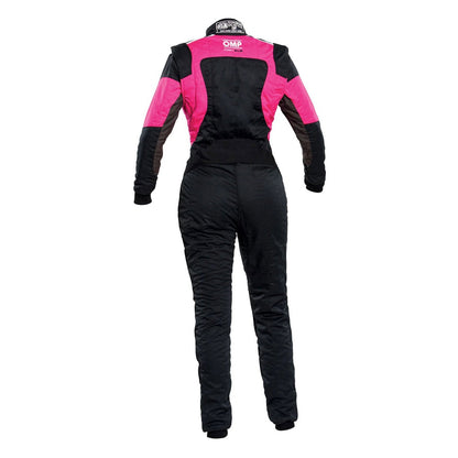 Back view of OMP FIRST ELLE Black/Pink Women's Go Kart Racing Suit - GPX Wear