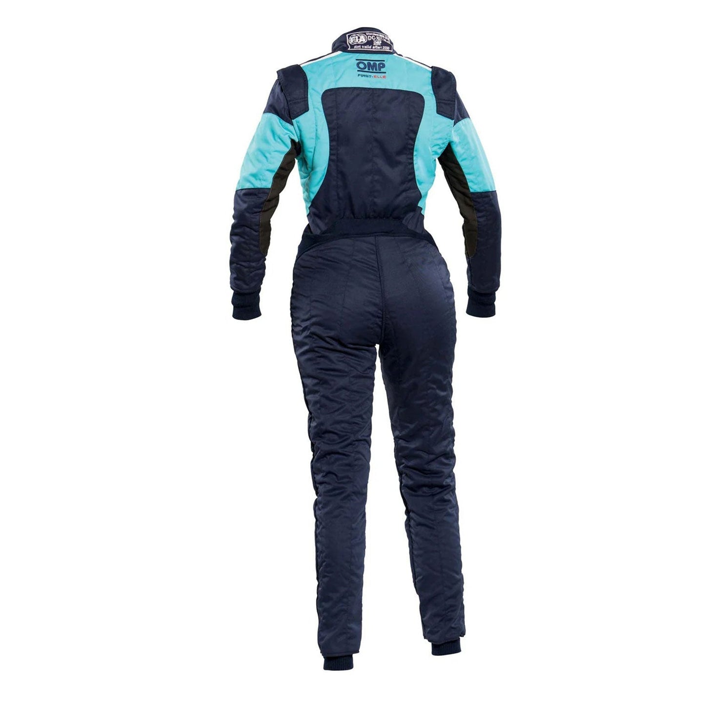 Back View of OMP FIRST ELLE Navy Blue/Light Blue Women's Go Kart Racing Suit - GPX Wear