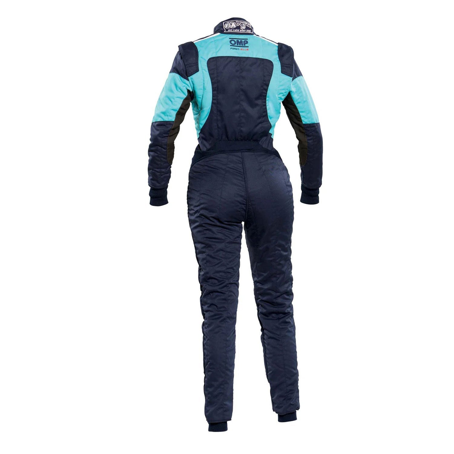Back View of OMP FIRST ELLE Navy Blue/Light Blue Women's Go Kart Racing Suit - GPX Wear