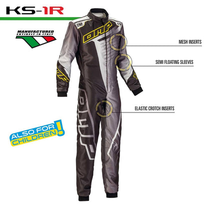 OMP KS 1-R Gray, Black Karting Suit suit with features highlighted on a white background - GPX Wear
