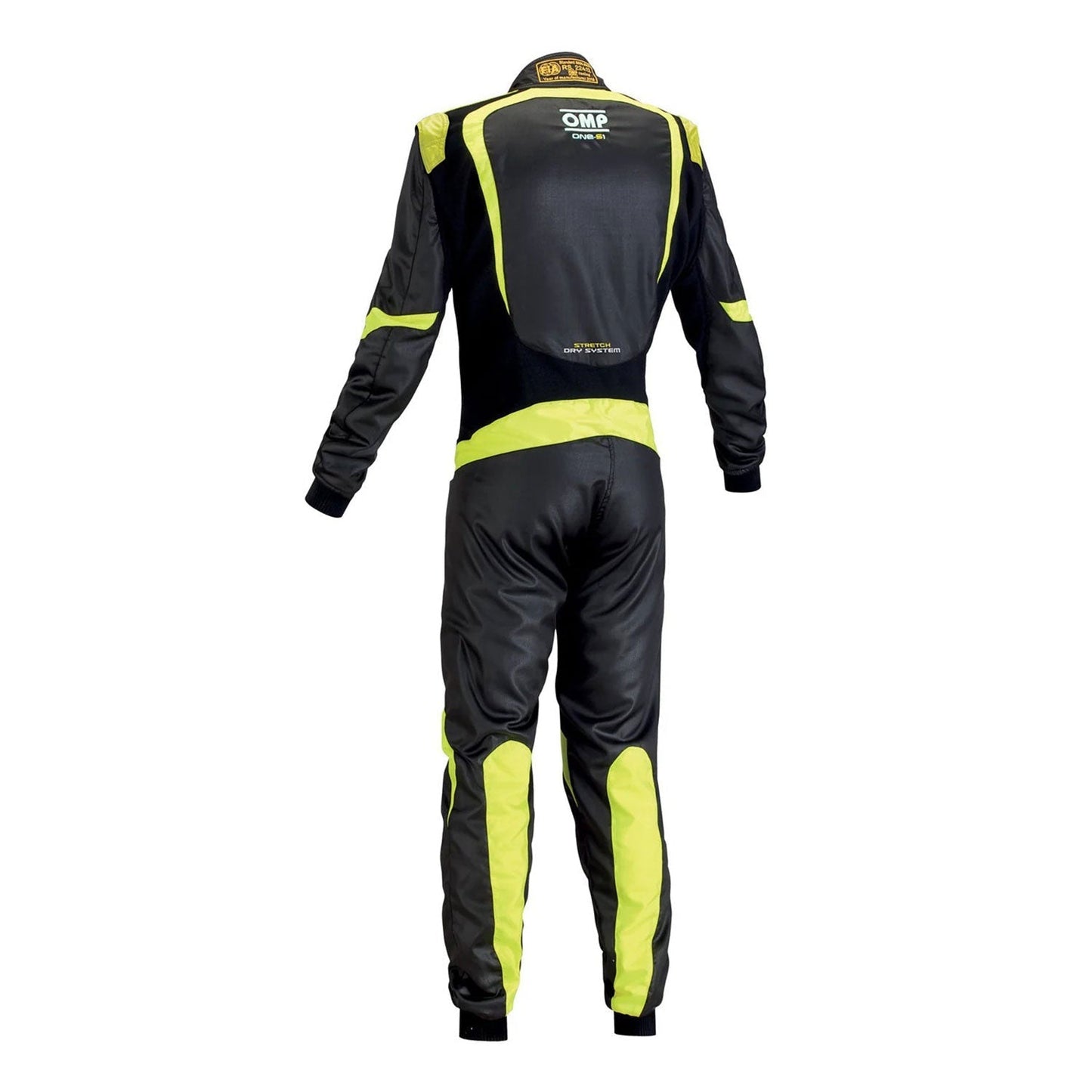 Back View of OMP ONE-S1 Black Yellow Go Kart Racing Suit - GPX Wear