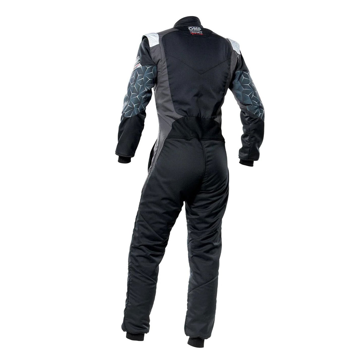Back View of OMP TECNICA HYBRID Racing Suit - Black and Gray - GPX Wear