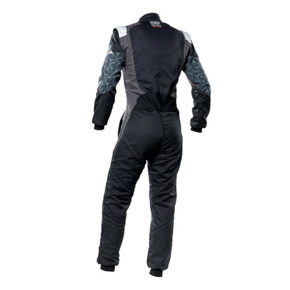 Back View of OMP TECNICA HYBRID Racing Suit - Black and Gray - GPX Wear