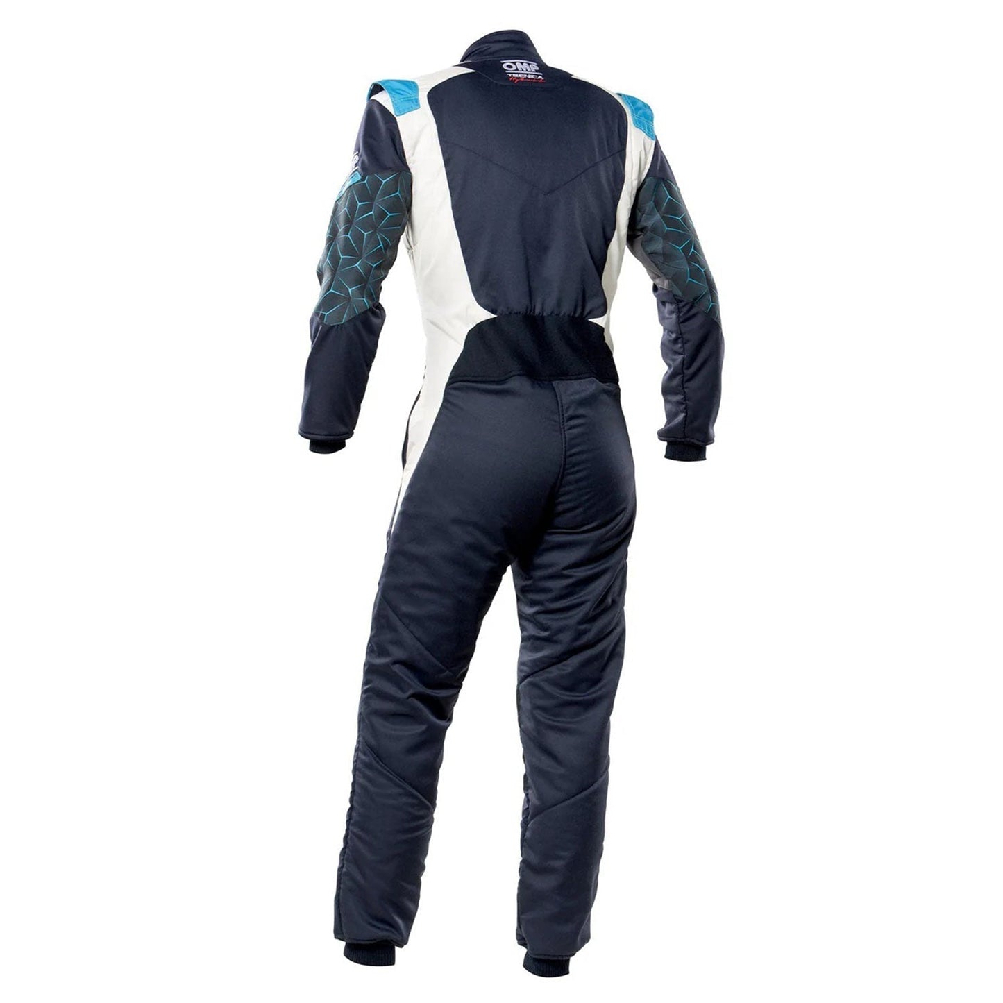 Back View of OMP TECNICA HYBRID Racing Suit - Blue and White - GPX Wear