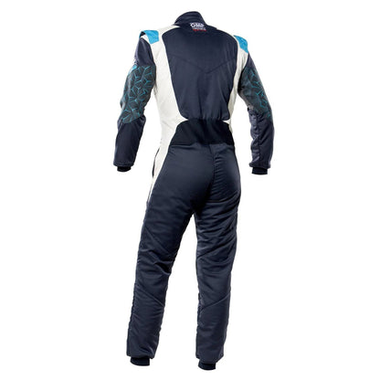 Back View of OMP TECNICA HYBRID Racing Suit - Blue and White - GPX Wear