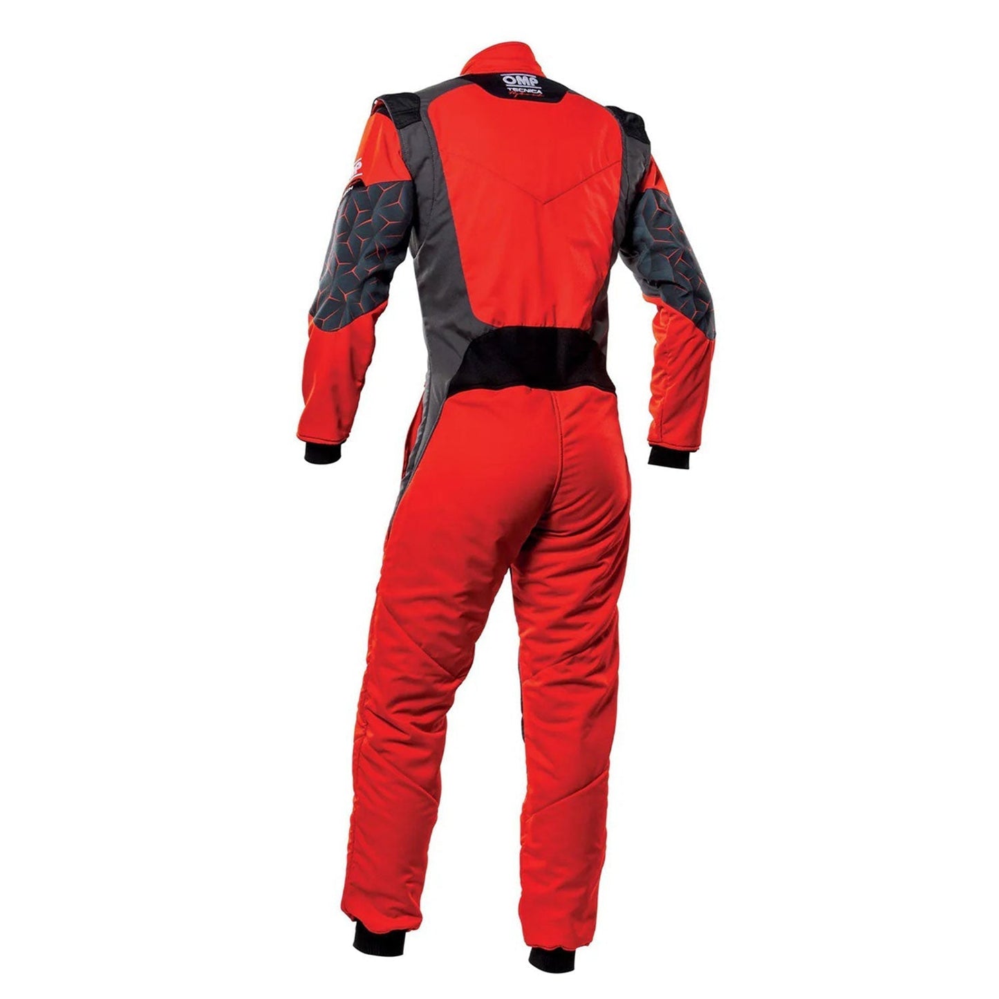 Back View of OMP TECNICA HYBRID Racing Suit - Red and Black - GPX Wear 