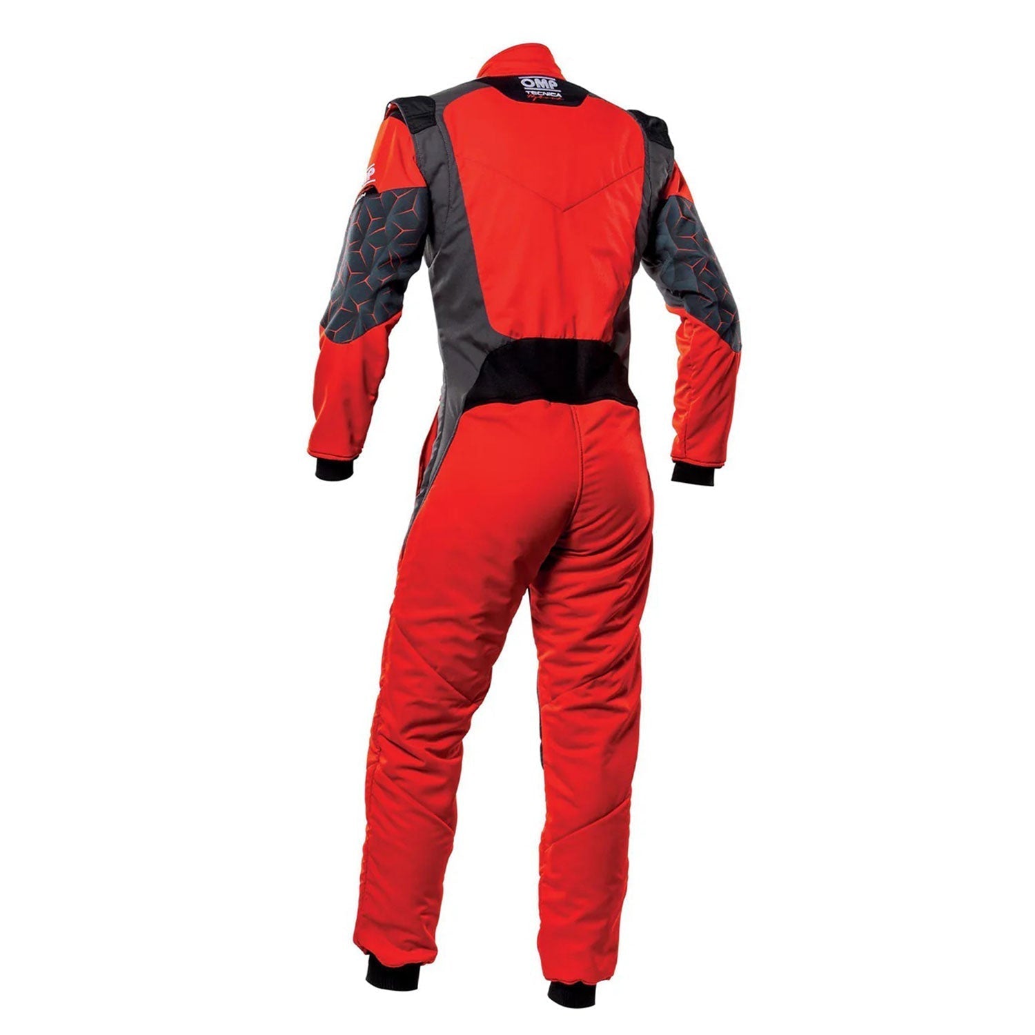 Back View of OMP TECNICA HYBRID Racing Suit - Red and Black - GPX Wear 