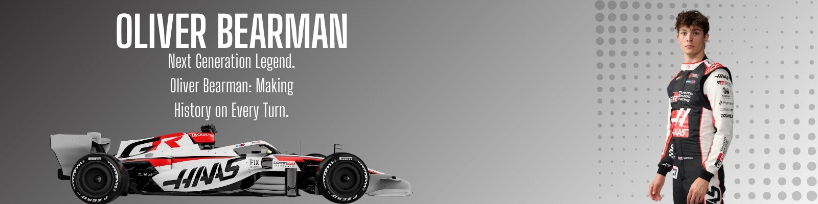 Formula 1 Haas car and Oliver Bermann in a racing suit with promotional text on a gray background - GPX Wear