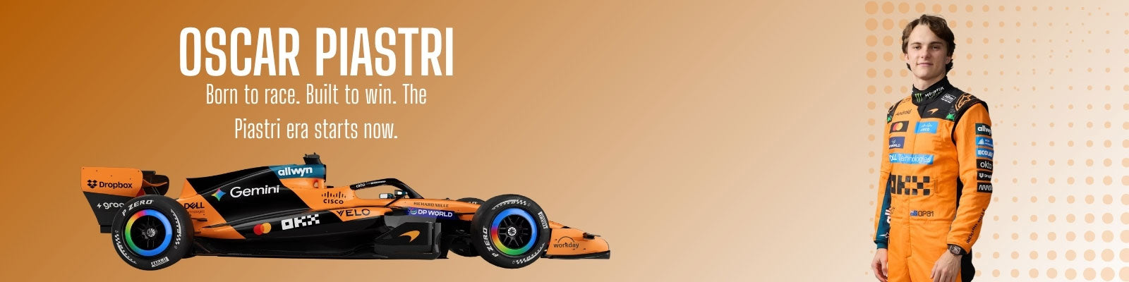 Promotional banner for Oscar Piastri with a racing car and driver on an orange background - GPX Wear