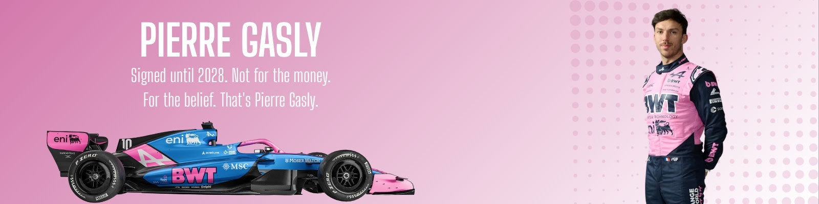 Formula 1 Alpine car and Pierre Gasly in an Alpine racing suit against a pink background with text - GPX Wear
