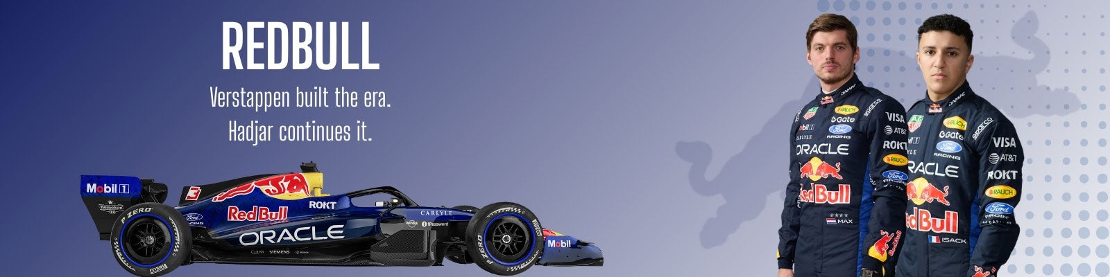 Red Bull racing car and two drivers in racing suits on a blue background - GPX Wear