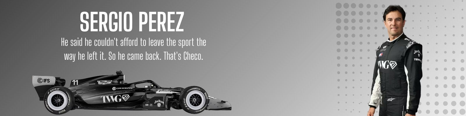 Formula 1 car and driver Sergio Perez with text on a gray background - GPX Wear