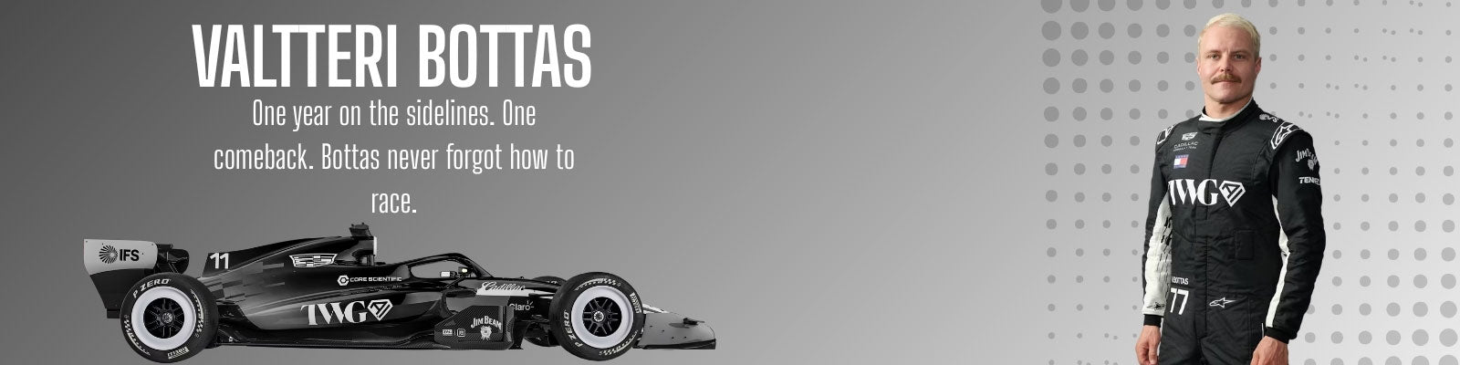 F1 car and driver standing next to it with text about Valtteri Bottas on a gray background - GPX Wear