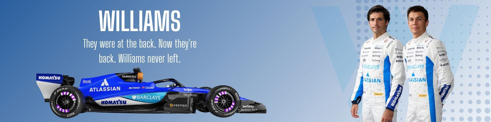 Williams Formula 1 car and two drivers in racing suits against a blue gradient background - GPX Wear