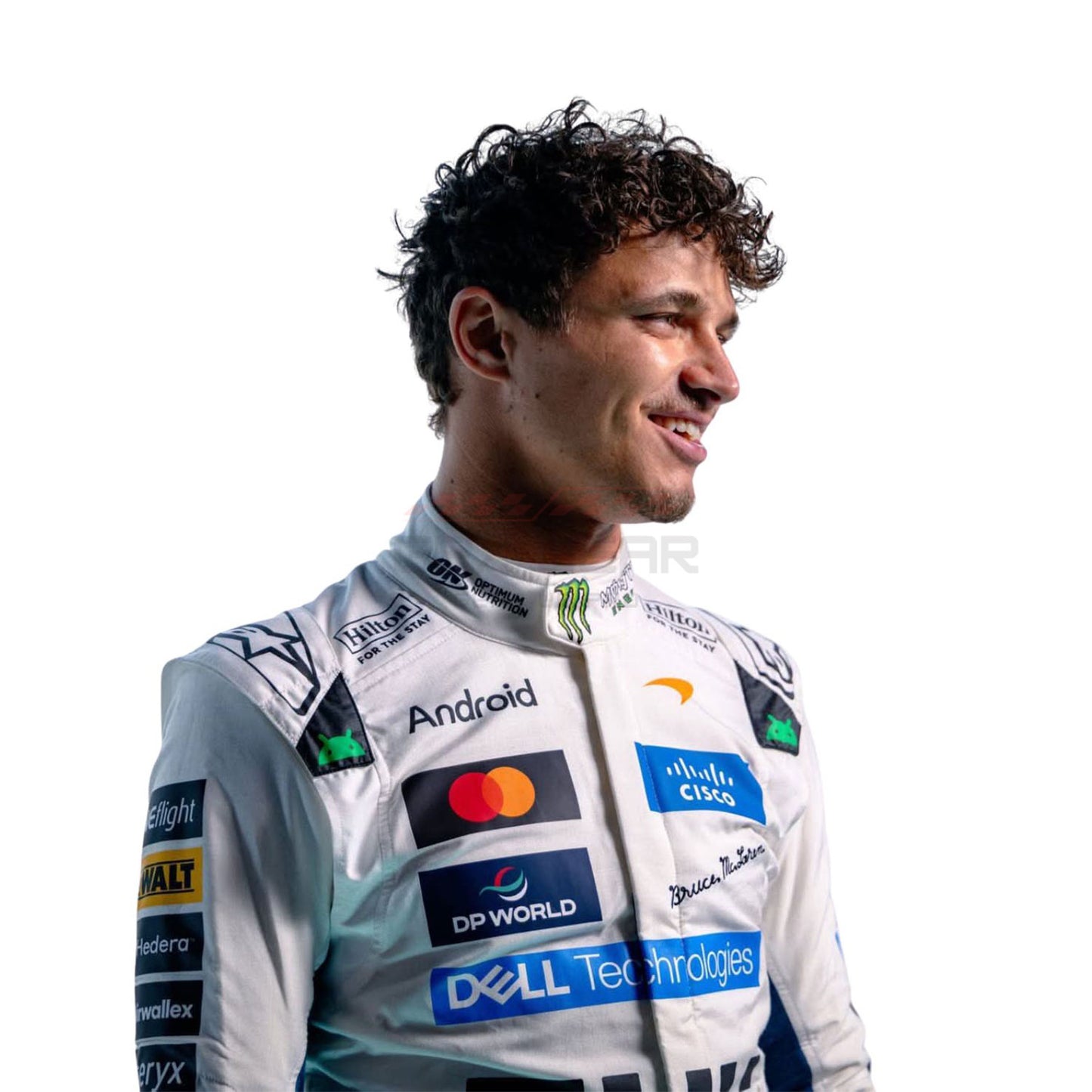 2026 Lando Norris in a white racing suit with multiple sponsor logos, including Monster Energy, Android, and Dell Technologies, shown in profile against a plain white background.