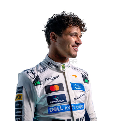 2026 Lando Norris in a white racing suit with multiple sponsor logos, including Monster Energy, Android, and Dell Technologies, shown in profile against a plain white background.