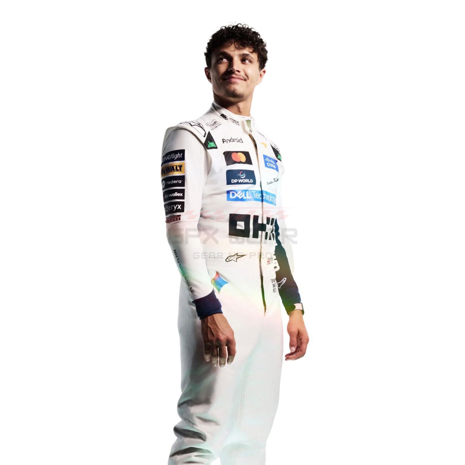 2026 Lando Norris Silverstone British GP wearing a white racing suit with multiple sponsor logos, standing against a plain white background.