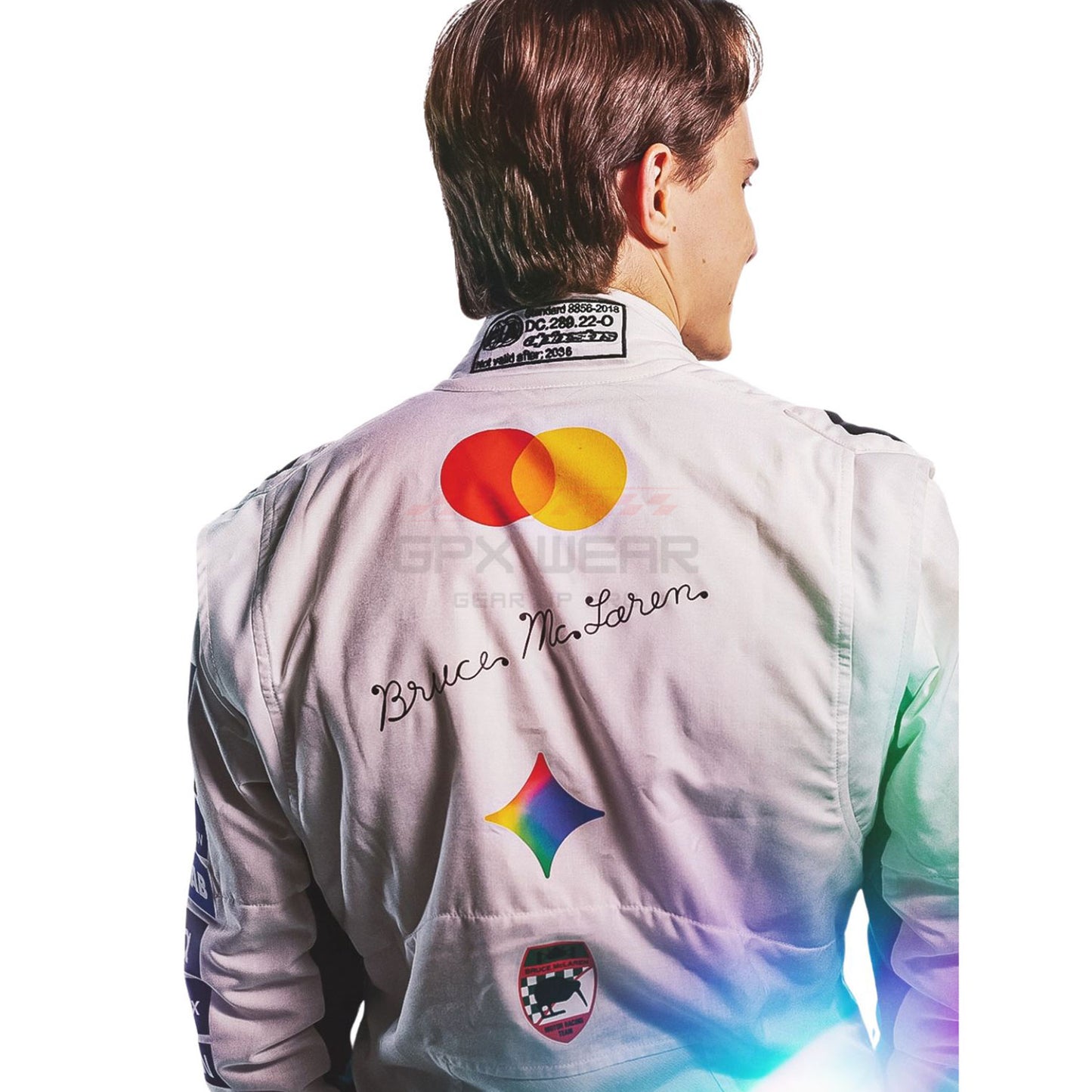 Rear view of a 2026 Oscar Piastri Silverstone British GP with colorful sponsor graphics and a signature on the back, isolated on a white background.