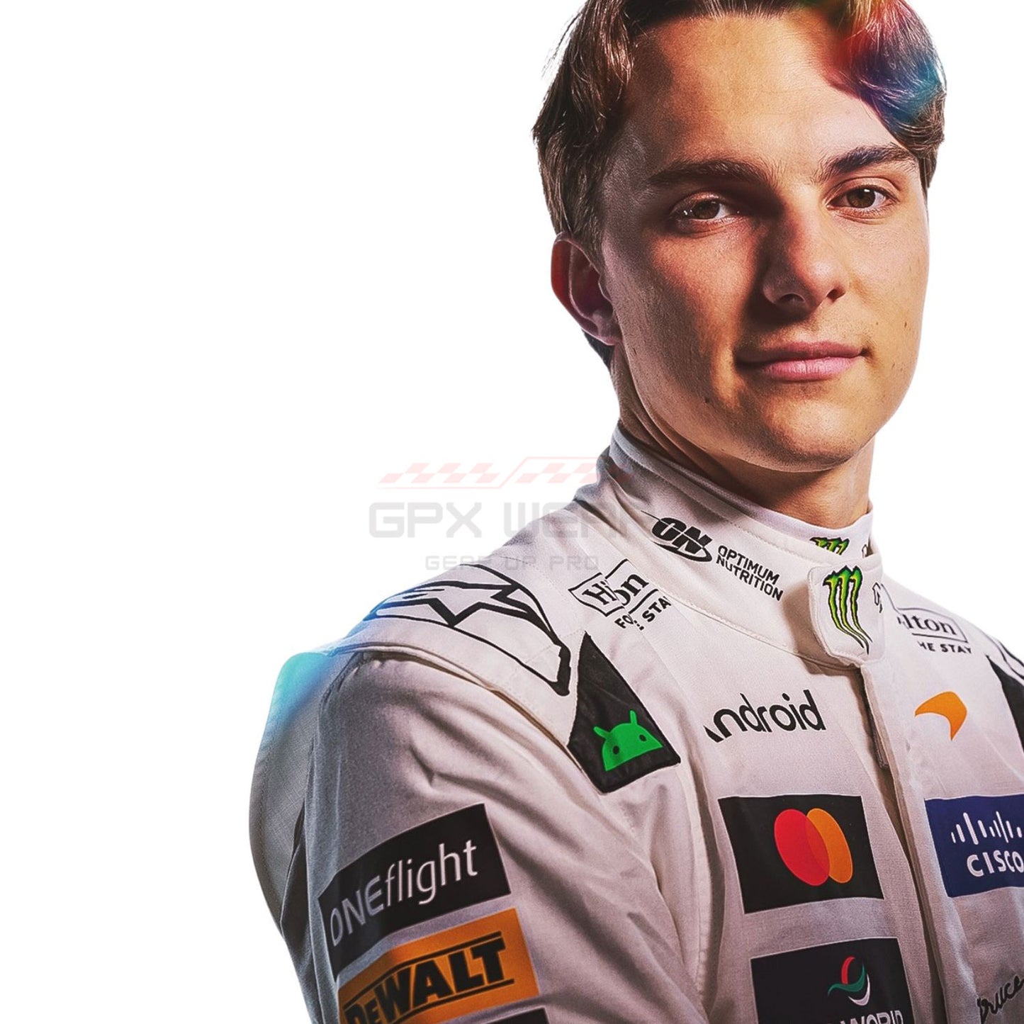 A close-up portrait of a male race driver wearing a white racing suit with multiple sponsor logos, including DeWalt, Android, Mastercard, and OneFlight, against a plain white background.