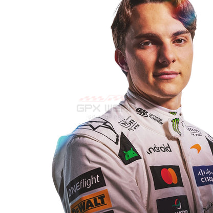 A close-up portrait of a male race driver wearing a white racing suit with multiple sponsor logos, including DeWalt, Android, Mastercard, and OneFlight, against a plain white background.