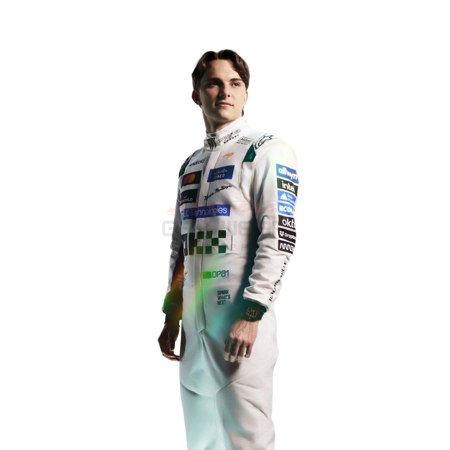 A close up view of race driver 2026 Oscar Piastri Silverstone British GP White racing suit with various sponsor logos, isolated on a white background.