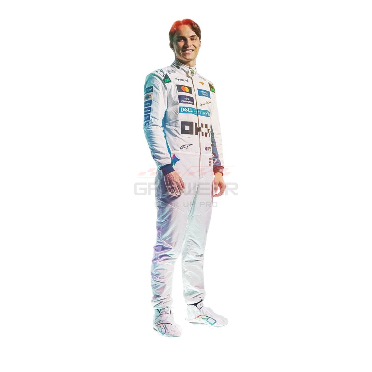 A full-body cardboard cutout of race driver 2026 Oscar Piastri Silverstone British GP White racing suit with various sponsor logos, isolated on a white background.